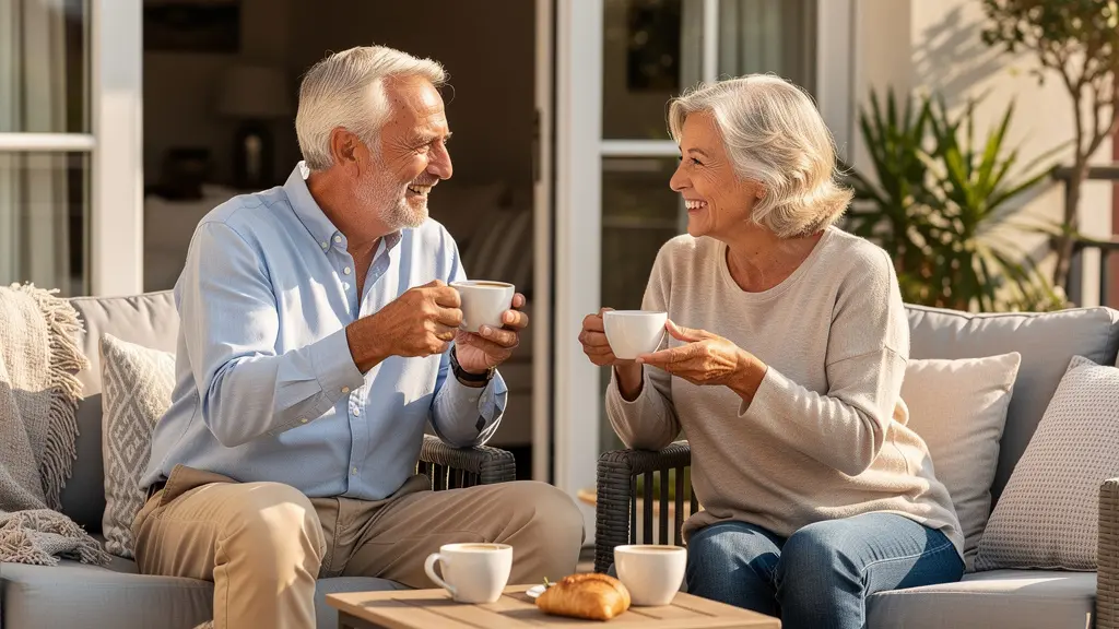 Couple senior prenant le café sur terrasse d'appartement lumineux en résidence services