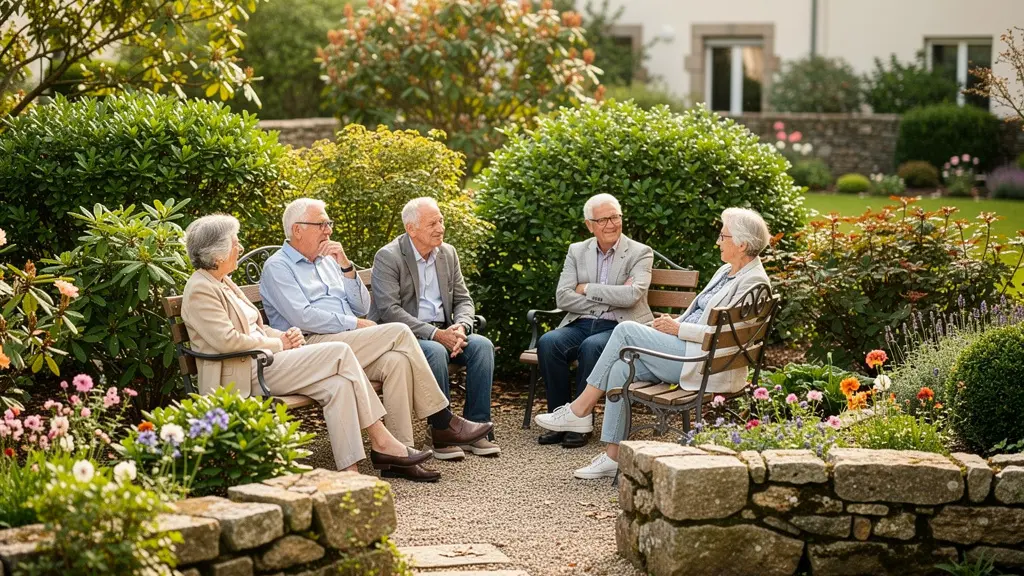 Jardin partagé de résidence senior avec résidents discutant sur bancs