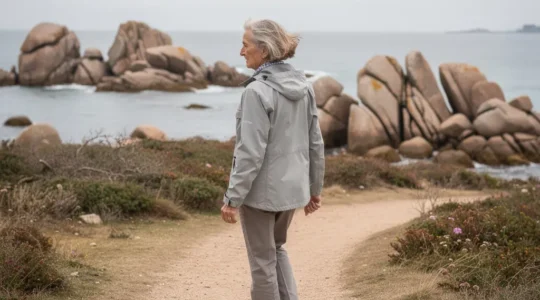 Femme senior marchant sur sentier côtier breton avec vue sur rochers de granit rose
