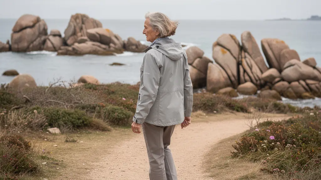 Femme senior marchant sur sentier côtier breton avec vue sur rochers de granit rose