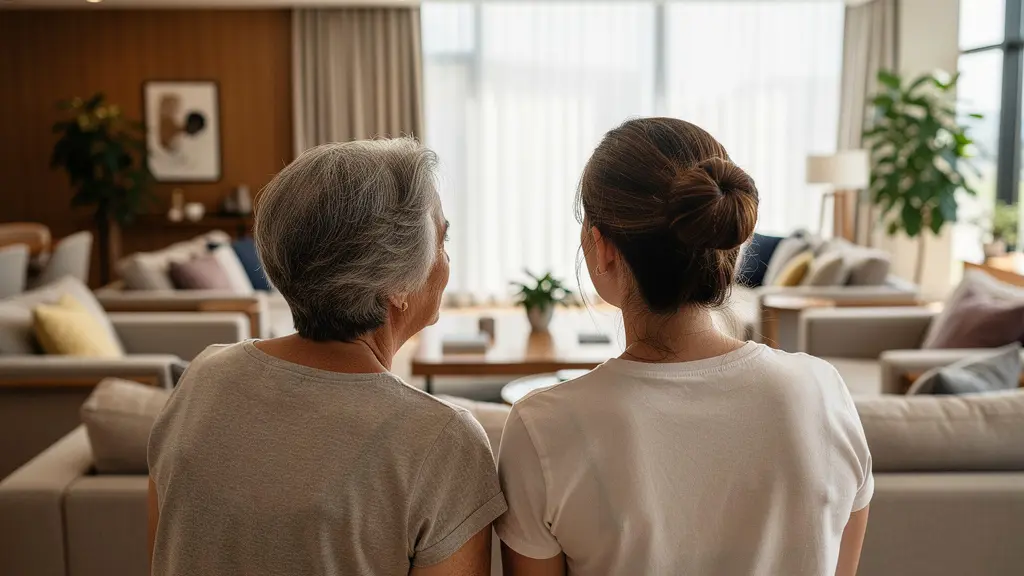 Senior visitant une résidence accompagnée de sa fille adulte